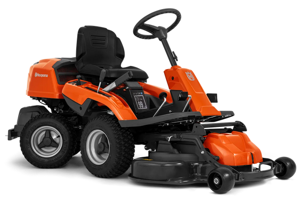 Tondeuse autoportée Husqvarna R214TC Comfort Edition avec plateau de coupe frontal, idéale pour les jardins complexes et les tontes précises