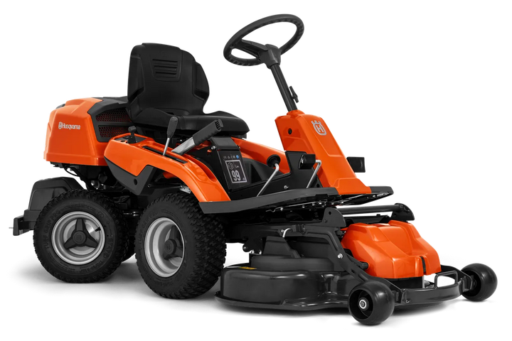 Tondeuse autoportée Husqvarna R214TC Comfort Edition avec plateau de coupe frontal, idéale pour les jardins complexes et les tontes précises