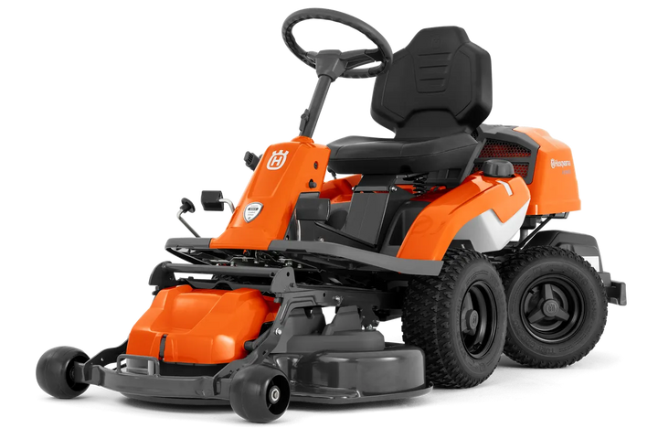 Tondeuse autoportée Husqvarna R214TC Comfort Edition avec plateau de coupe frontal, idéale pour les jardins complexes et les tontes précises