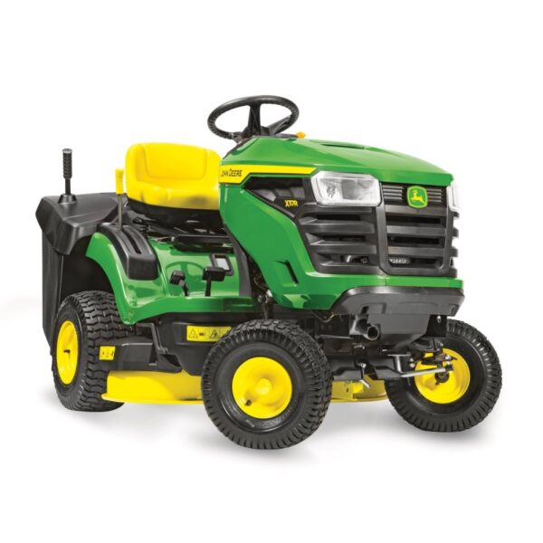 Tondeuse autoportée John Deere X117R avec moteur fiable et bac de ramassage intégré, idéale pour les pelouses résidentielles de taille moyenne