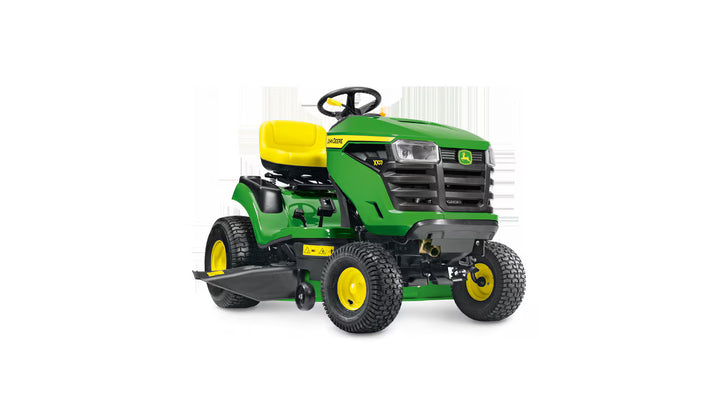 Tondeuse autoportée John Deere X107 avec moteur puissant, idéale pour les pelouses résidentielles de taille moyenne à grande

